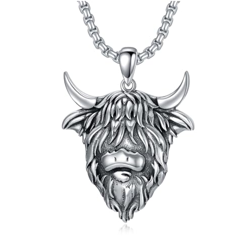 WINNICACA Herren Silberoxid Tiere Anhänger Kette 925 Sterling Silber Hochland Kuh Halskette Schmuck Geburtstag Geschenke von WINNICACA