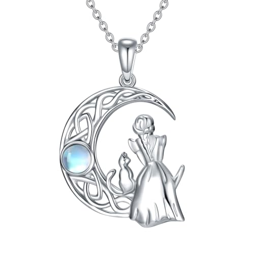 WINNICACA Katze Mädchen Kette Sterling Silber 925 Mondstein Damen Halskette mit Mond Anhänger Katzen Schmuck Geschenke für Frauen von WINNICACA