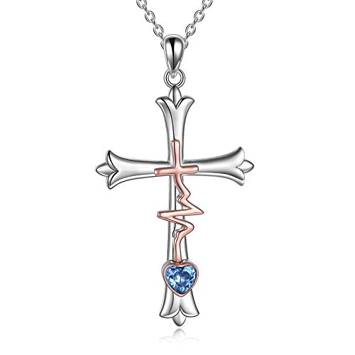 WINNICACA Kreuz Anhänger Glaube Hoffnung Liebe Halskette S925 Sterling Silber mit März Birthstone für Frauen Mom Geschenke Frauen Mom Geschenke von WINNICACA