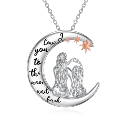 WINNICACA Mama Muttertagsgeschenk Mutter und Tochter Halskette 925 Sterling Silber Ich liebe dich zum Mond und zurück Anhänger Kette Geschenke für Mama zum Geburtstag von WINNICACA