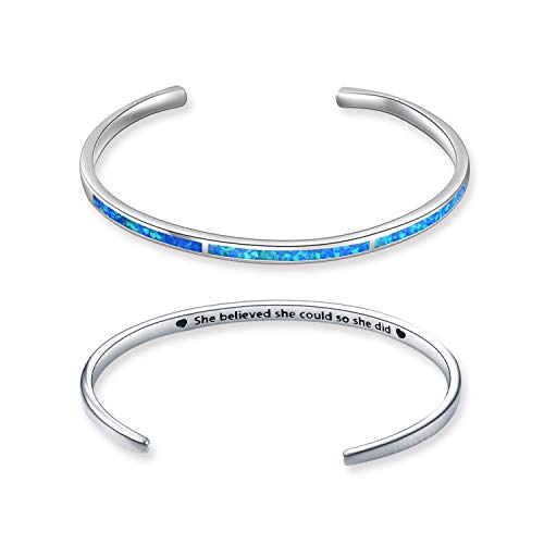 WINNICACA Oktober Birthstone Armband Sterling Silber Blue Opal verstellbare Manschette Armreif Schmuck Geschenke für Frauen Geburtstag, graviert she believed she could so she did von WINNICACA