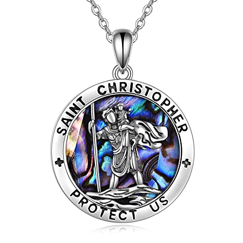 WINNICACA Saint Christopher Abalone Halskette Sterling Silber St. Christopher Schutzmedaille Schmuck schützen uns für Frauen Mama Geschenk von WINNICACA