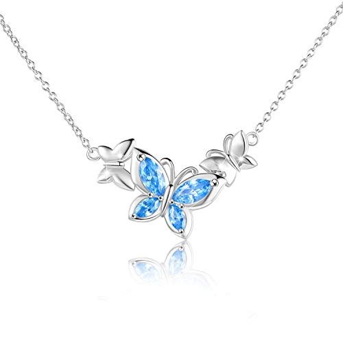 WINNICACA Schmetterling Blau Kristall Halskette Sterling Silber März Geburtsstein Schmuck für Frauen Teenager Muttertag Geschenk von WINNICACA