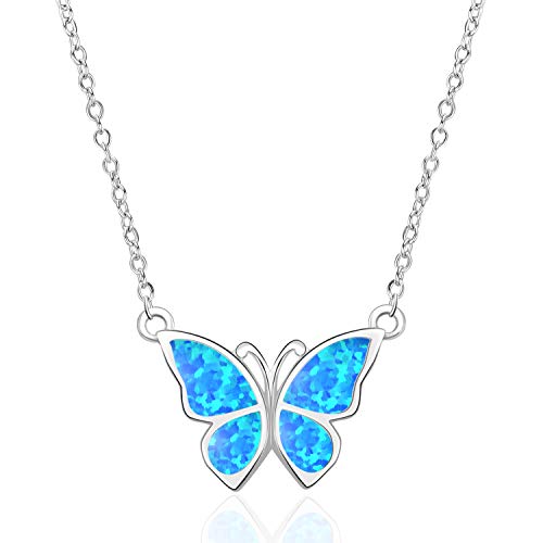 WINNICACA Schmetterling Halskette Sterling Silber Oktober Geburtsstein Blue Fire Opal Halskette Schmuck Geschenke für Frauen von WINNICACA