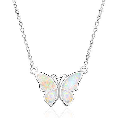 WINNICACA Schmetterling Halskette Sterling Silber Weißer Opal Choker Halskette Geburtsstein Oktober Schmuck für Frauen von WINNICACA