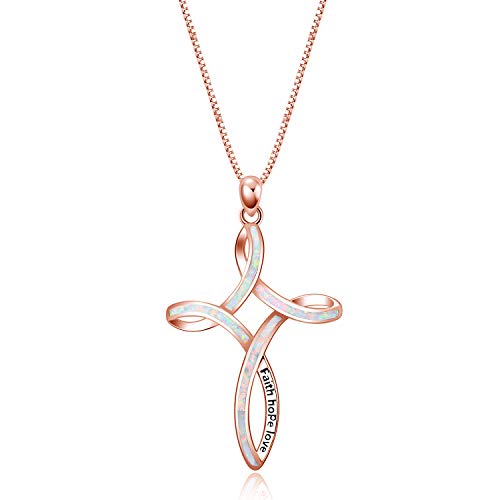 WINNICACA keltisch knoten Halskette Sterling Silber Erstellt Rose Gold Opal Love Knot Anhänger Halskette Schmuck für Frauen, Gravierte Glaube Hoffnung Liebe an der Celtic Cross Halskette von WINNICACA