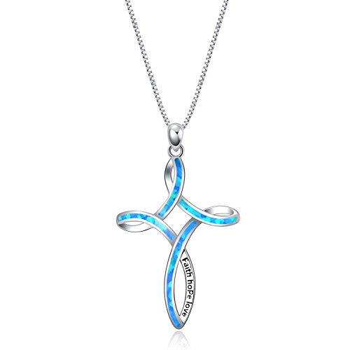 WINNICACA keltisches knoten Halskette Sterling Silber Erstellt Blue Opal Faith Kreuz Anhänger Halskette Muttertag für Frauen Mädchen, graviert Faith Hope Love von WINNICACA