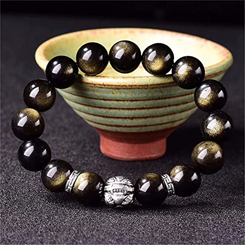 Armband Feng Shui Reichtum Pixiu/Piyao Armband Natürlicher Schwarzer Obsidian Edelstein Energiearmband Verstellbare elastische Perle Abwehr böser Geister for Männer Schmuck, 12 mm (Farbe:(Size:14mm) von WIPPWER