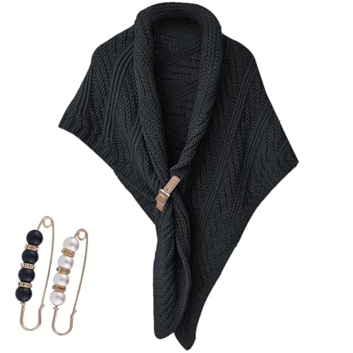 Multifunktionaler Dreiecksschal für Damen, warme Herbst-Winter-Schalponchos, gestrickter Dreiecksschal mit Lederschnalle (Schwarz) von WIWIDANG