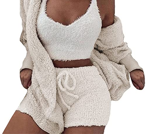 WIWIDANG Cozy Knit Set 3-Piece, Women Sexy Warm Fuzzy Fleece 3 Pieces Outfits Pajamas Outwear and Crop Top Shorts Set (Beige White, XL) von WIWIDANG