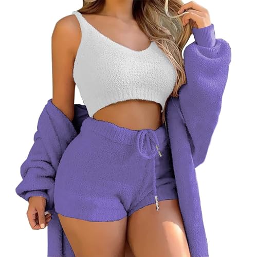 WIWIDANG Cozy Knit Set 3-Piece, Women Sexy Warm Fuzzy Fleece 3 Pieces Outfits Pajamas Outwear and Crop Top Shorts Set (Dark Purple, L) von WIWIDANG