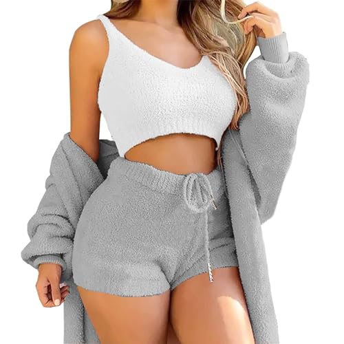 WIWIDANG Cozy Knit Set 3-Piece, Women Sexy Warm Fuzzy Fleece 3 Pieces Outfits Pajamas Outwear and Crop Top Shorts Set (Gray, XL) von WIWIDANG