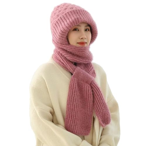 WIWIDANG Integrierter Gehörschutz, winddichter Mützenschal, Warmer Winter-Strickmützenschal, Dicke, warme Ohrenschutzmütze für Damen (DE/NL/SE/PL, Alphanumerisch, M, Pink) von WIWIDANG