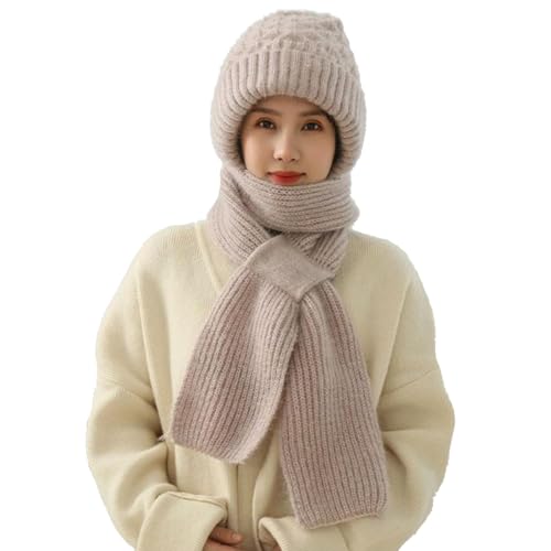 WIWIDANG Integrierter Ohrenschutz, winddichter Mützenschal, Dicker, Warmer Winterschal für Damen bei kaltem Wetter (Beige-B, Eine Grösse passt Allen) von WIWIDANG