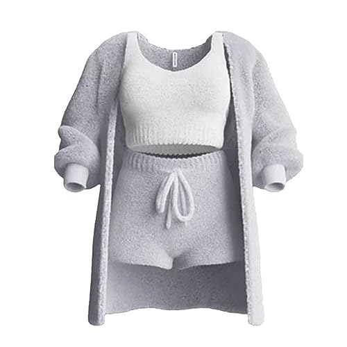 WIWIDANG The Cozy Knit Set, 3 Piece Set-Cozy Knit Sets Crop Top, Shorts & Long Coat (Grau, S) von WIWIDANG