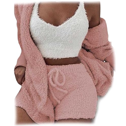 WIWIDANG The Cozy Knit Set, 3 Piece Set-Cozy Knit Sets Crop Top, Shorts & Long Coat (Lotuswurzelrosa, 3XL) von WIWIDANG