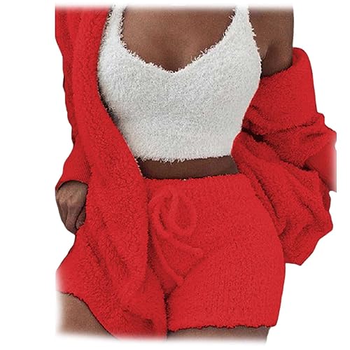 WIWIDANG The Cozy Knit Set, 3 Piece Set-Cozy Knit Sets Crop Top, Shorts & Long Coat (Rot, 2XL) von WIWIDANG