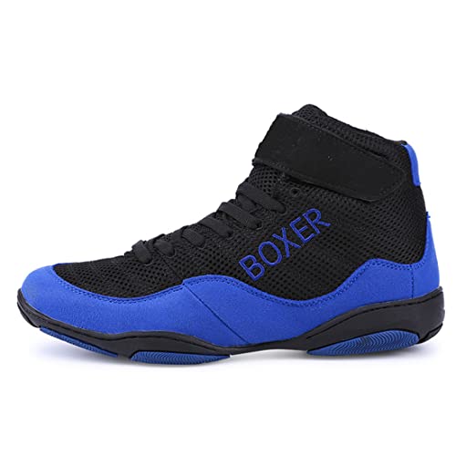 WJFGGXHK Herren Ringerschuhe, Boxstiefel Gummisohle Kickboxen Trainingsschuhe Atmungsaktiv Squat Fitness Stiefel Für Frauen Kinder Kinder Teenager,Blau,33 EU von WJFGGXHK