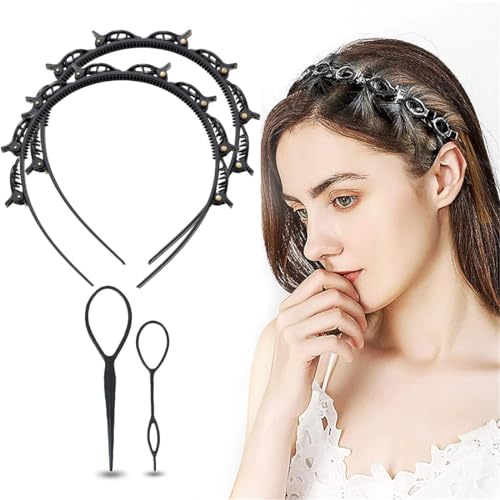 2 Haarreifen mit Klammern und 2 Haar Tail Twister Inhaber - praktische Frisurenhilfe mit Zahnstirnband Braid Tool und elegantem Design für Frauen und Mädchen; in Schwarz; 4er Set. von WJRQD