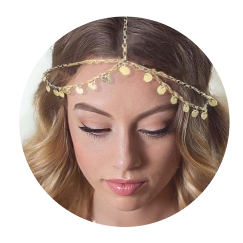 WJRQD Wahrsagerin Kostüm Damen，Kostüm Wahrsagerin Boho Head Chain Gold Chain Beads Headpiece Bridal Prom Costume Hairstyle Accessoire für Frauen und Mädchen Kopfkette Gold von WJRQD