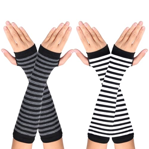 WLLHYF 2 Paar Kaschmir-Feel-Handgelenk-Fingerlose Handschuhe mit Daumenloch Winter-Strick Armstulpen Fäustlinge für Damen und Herren (Schwarz-weiße Streifen + schwarze und graue Streifen) von WLLHYF