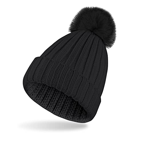 WLLHYF Damen Herren Mütze Winter mit Bommeln, Weiche Beanie Mütze Grobe Weiche Zopfmustermütze Frauen Beany Strickmütze Wintermütze One Size Thermo für Winter Fahren Laufen Radfahren Schwarz von WLLHYF