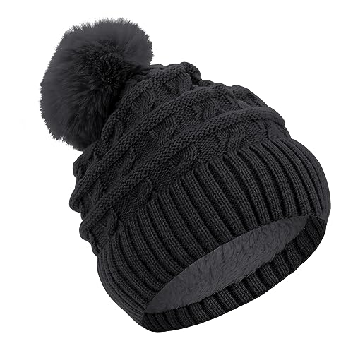 WLLHYF Strickmütze Damen Slouch Beanie weiche Fleece-gefütterte Mütze Street Style Grobstrick Wintermützen Kunstfellbommel Damen-Strickmütze for Cold Weather für Frauen, Schwarz von WLLHYF