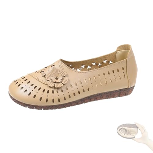 WLLhxyx Damen-Loafer, orthopädische Damen-Slipper aus Leder mit weicher Sohle, rutschfeste Blumen mit weicher Sohle (Khaki,35) von WLLhxyx