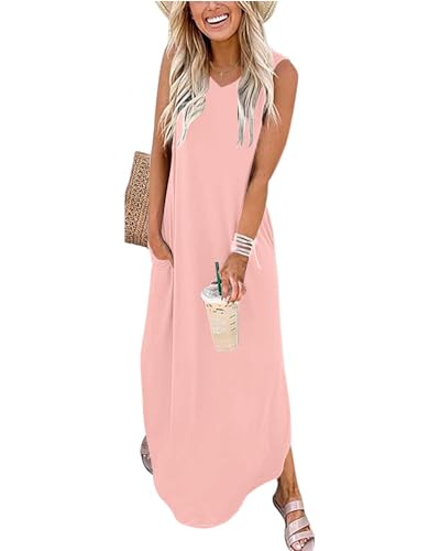 WNEEDU Damen Lang Strandkleider Sommer Maxi Kleider V-Ausschnitt Freizeitkleid Leichte Ärmellos Sommerkleider mit Taschen,Hell-Pink M von WNEEDU