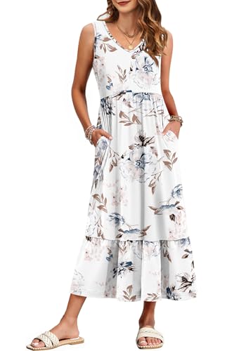 WNEEDU Damen Sommerkleider Lang Strandkleider V-Ausschnitt Maxikleider Ärmellos Empire Kleider mit Taschen Florales Weiß L WNEEDU Damen Sommerkleider Lang Strandkleider V-Ausschnitt Maxikleider Ärmellos Empire Kleider mit Taschen Florales Weiß L von WNEEDU