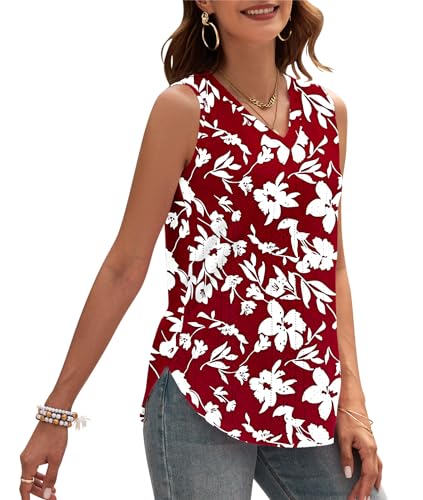 WNEEDU Damen Tanks Tops Sommer V-Ausschnitt ärmellos locker Cami Oberteil mit Eyelet-Stickerei und Seiten-Splits Oberteile Shirts Top Rote weiße Blume 2XL von WNEEDU