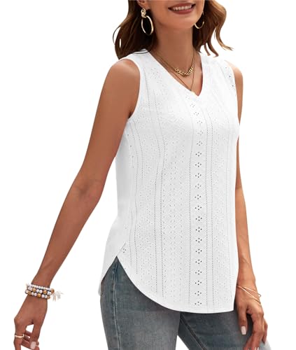 WNEEDU Damen Tanks Tops Sommer V-Ausschnitt ärmellos locker Cami Oberteil mit Eyelet-Stickerei und Seiten-Splits Oberteile Shirts Top Weiß M von WNEEDU