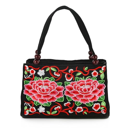 WNV Damen-Handtasche, Retro-Stickerei, Griff oben, Boho, Vintage, doppelseitig, floral, ethnisch, handgefertigt, Hobo-Tasche, Schulterhandtaschen, schwarz c, Medium von WNV