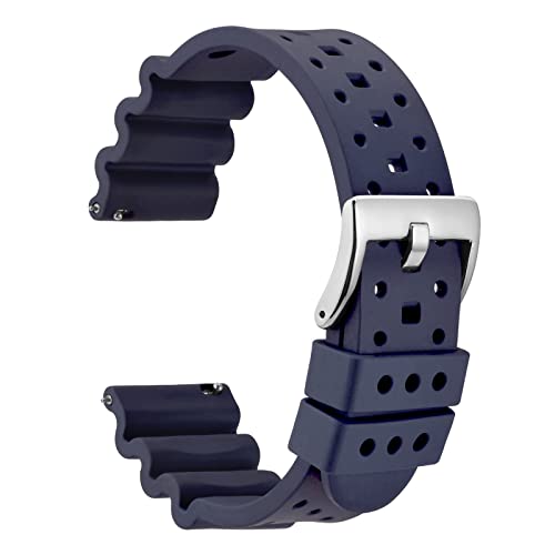 WOCCI 20mm Belüftete FKM Gummi Uhrenarmband für Herren (Nicht Silikon), Schnellverschluss Armband, Silberner Schnalle (Navy Blau) von WOCCI