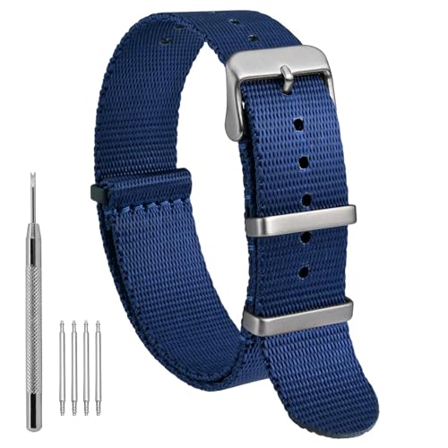 WOCCI 22mm Militär Nylon Uhrenarmband, Einteiliges Ballistisches Nylon Armband für Damen und Herren, Silberne Schnalle (Blau) von WOCCI
