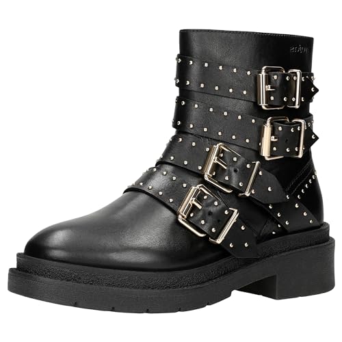 WOJAS - Damen Biker Boots, mit Silbernen Nieten, Damen Stiefeletten aus Hochwertigem Glattleder, Damenstiefeletten mit Traditionell Geschnitten, mit Reißverschluss, 55252-51 - Schwarz, Gr. 39 von WOJAS