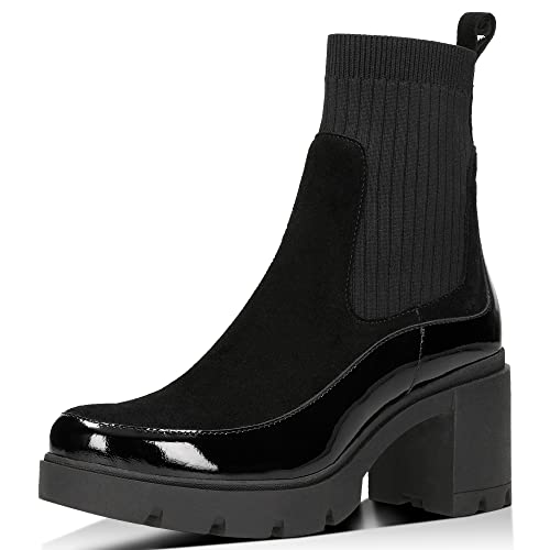 WOJAS - Damen Stiefeletten I mit Blockabsatz I Schlupfschuhe I aus Spaltleder mit Lackleder I mit Sockenschaft und Lackiertem Rand I Damenstiefeletten für Herbstwetter I 55137-81 - Schwarz, Gr. 36 von WOJAS