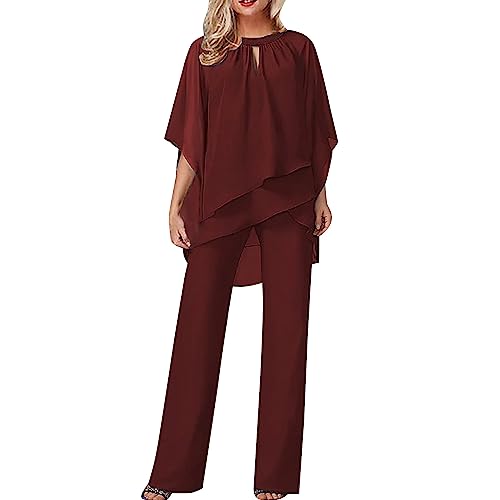 Hosenanzug Damen Tüll Abendanzug Sets Zweiteiler Chiffon Lose Fledermaus Shirt Und Hohe Taille Hosenanzug Elegant Vintage 2-Teiliges Set Outfit Cocktail Party Festlich Hosenanzug von WOMELF