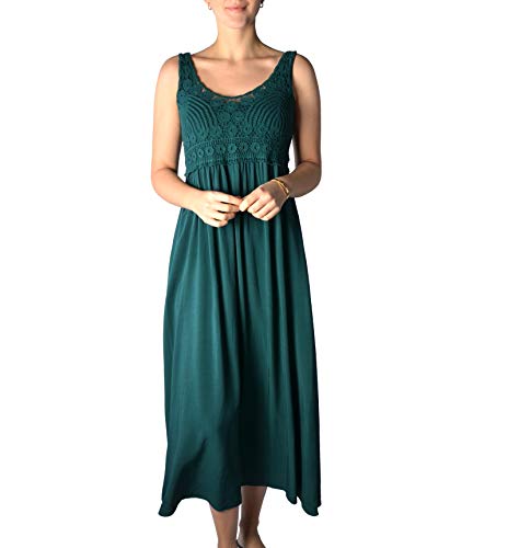 U&F Damen-Kleid mit Spitze I knöchellanges Kleid für Frühling, Sommer & Herbst I langes Freizeit-Kleid I fließender, luftiger Stoff I verspielte Häkelspitze I Dunkelgrün lang M von WOMEN'S WEAR U&F FASHIONSTORE