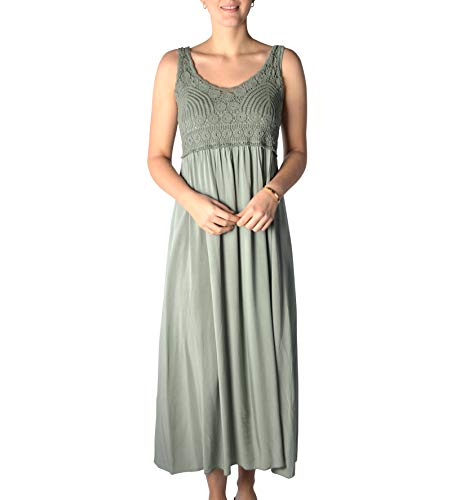 U&F Damen-Kleid mit Spitze I knöchellanges Kleid für Frühling, Sommer & Herbst I langes Freizeit-Kleid I fließender, luftiger Stoff I verspielte Häkelspitze I Grün lang L von WOMEN'S WEAR U&F FASHIONSTORE