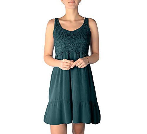 WOMEN'S WEAR U&F FASHIONSTORE U&F Damen-Kleid mit Spitze I knielanges Kleid für Frühling, Sommer & Herbst I kurzes Freizeit-Kleid I fließender, luftiger Stoff I verspielte Häkelspitze I dunkelgrün L von WOMEN'S WEAR U&F FASHIONSTORE