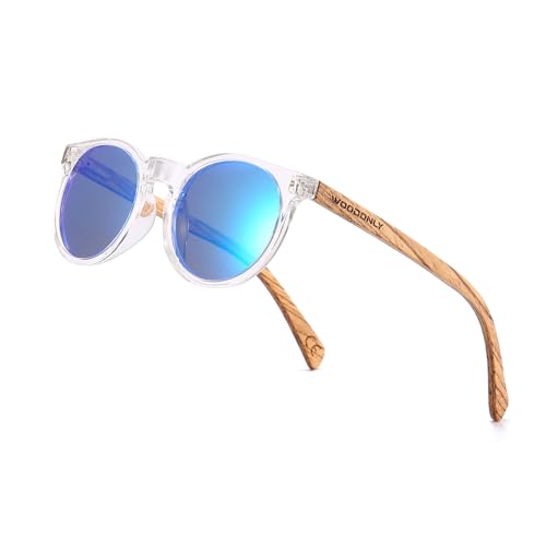 WOODONLY Holz Runde Polarisierte Sonnenbrille - Mode Holz Sonnenbrille für Damen und Herren Perfekte Geschenke (Zebrano, Blau) von WOODONLY