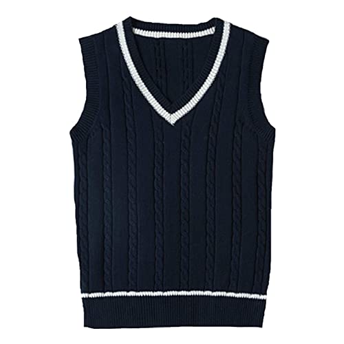 WOOKIT Strickpullover Gestrickte Gilets Pullover Klassische Schule Ärmellose Tank Westen Süße Uniform mit V-Ausschnitt-Navy blau-XXL von WOOKIT