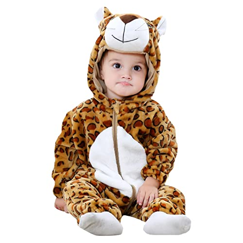 WOOKIT Unisex Baby Onesie Winter Kapuzen Cartoon Strampler Neugeborenen Overall für Jungen und Mädchen 0-36 Monate-Leopard-80 von WOOKIT