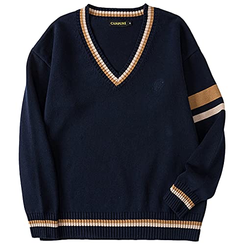 WOOKIT Unisex Langarm Pullover mit V-Ausschnitt, Dark Academia Clothes, Gestreifter Retro-Pullover aus Baumwolle Warmes Oberteil für den Winter Herbst-Royal-L von WOOKIT