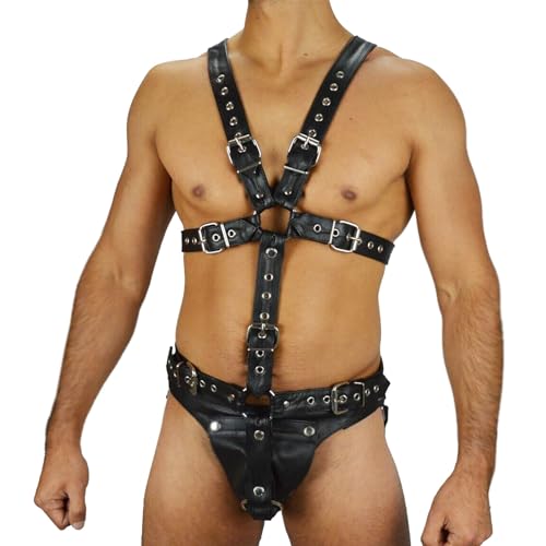 WOPOLIUE Herren Riemenbody PU Leder Harness, Sexy Brustgeschirr Verstellbarer Brustgurt Gay Harness Männer String Bodysuit Mit Penis Ring Cockring Fetisch Einstellbar Harness SM Bondage Sexspielzeug von WOPOLIUE