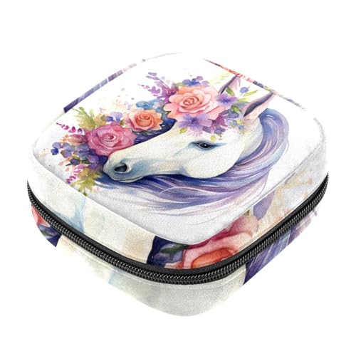 Kleine Reise Make up Tasche,Kosmetiktaschen für Damen,Blumen aquarell Einhorn,Periodentasche von WOSHJIUK