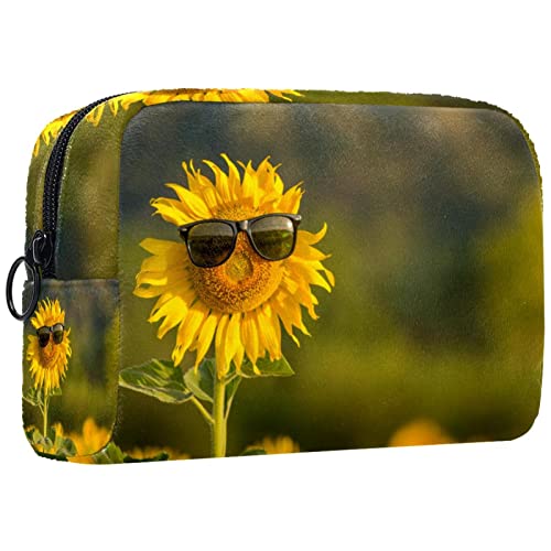 Reisekosmetiktasche,kleine Make-up-Tasche für Frauen,Sonnenblume mit Sonnenbrille,Kosmetik-Organizer-Tasche mit Reißverschluss von WOSHJIUK