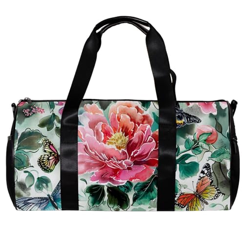 Sporttasche für Damen,kleine Sporttasche für Herren,aquarell Blume Pfingstrose Schmetterling,Übernachtungstasche von WOSHJIUK