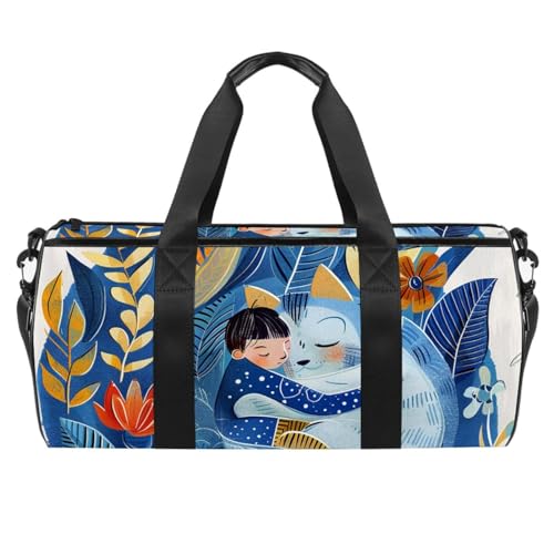 Weekender Reisetasche,kleine Sporttasche,Blumenkatze und Mädchen,Sporttasche von WOSHJIUK